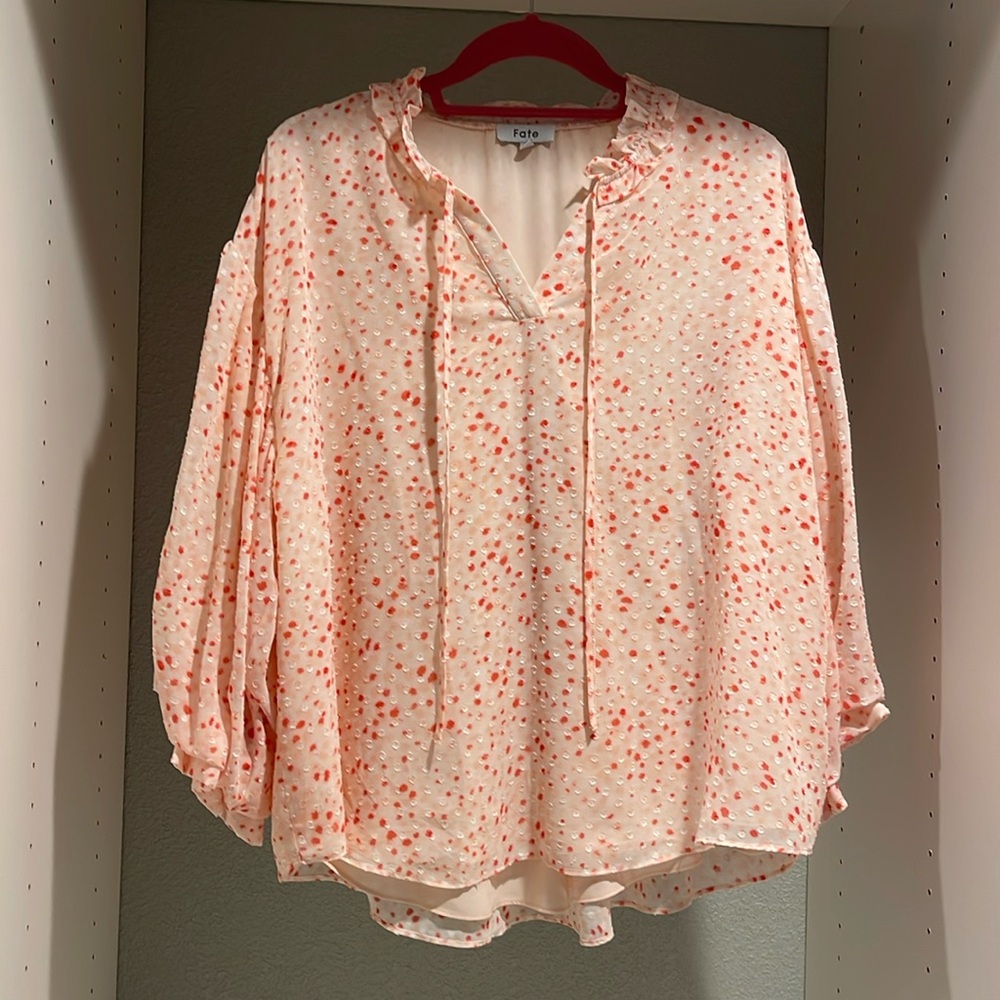 Fate Pink Dot Floral Blouse with Puff Sleeves Size Large